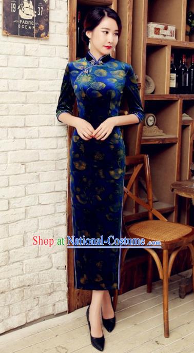 Traditional Chinese Elegant Printing Blue Velvet Cheongsam China Tang Suit Qipao Dress for Women