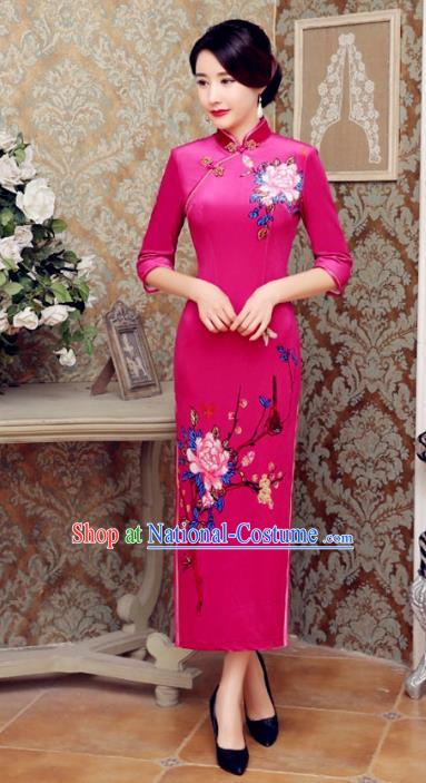 Traditional Chinese Elegant Printing Rosy Velvet Cheongsam China Tang Suit Qipao Dress for Women