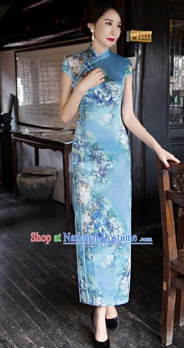 Traditional Chinese Elegant Printing Blue Silk Cheongsam China Tang Suit Qipao Dress for Women