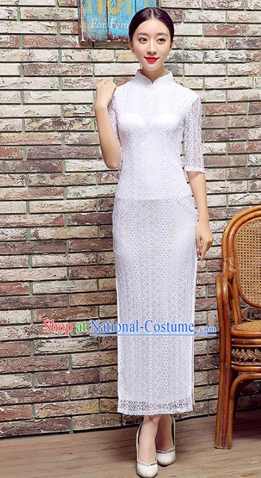 Traditional Chinese Elegant Cheongsam China Tang Suit White Lace Qipao Dress for Women