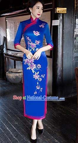 Traditional Chinese Elegant Printing Royalblue Silk Cheongsam China Tang Suit Qipao Dress for Women