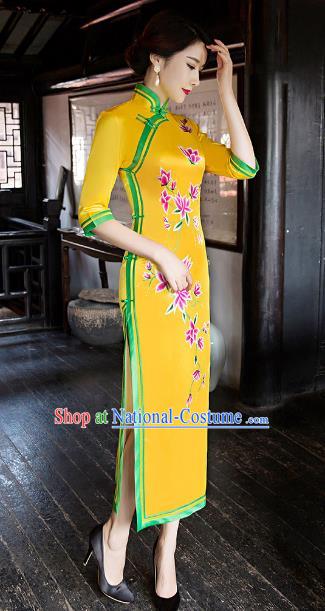 Traditional Chinese Elegant Printing Yellow Silk Cheongsam China Tang Suit Qipao Dress for Women