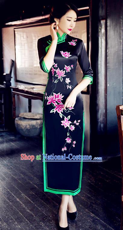 Traditional Chinese Elegant Printing Black Silk Cheongsam China Tang Suit Qipao Dress for Women