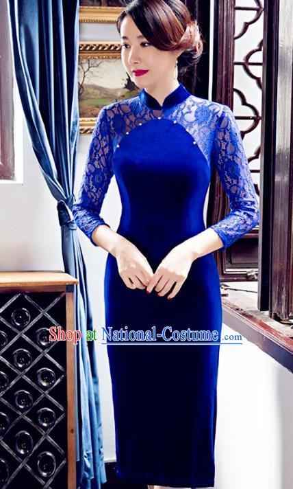 Traditional Chinese Elegant Velvet Cheongsam China Tang Suit Blue Lace Qipao Dress for Women