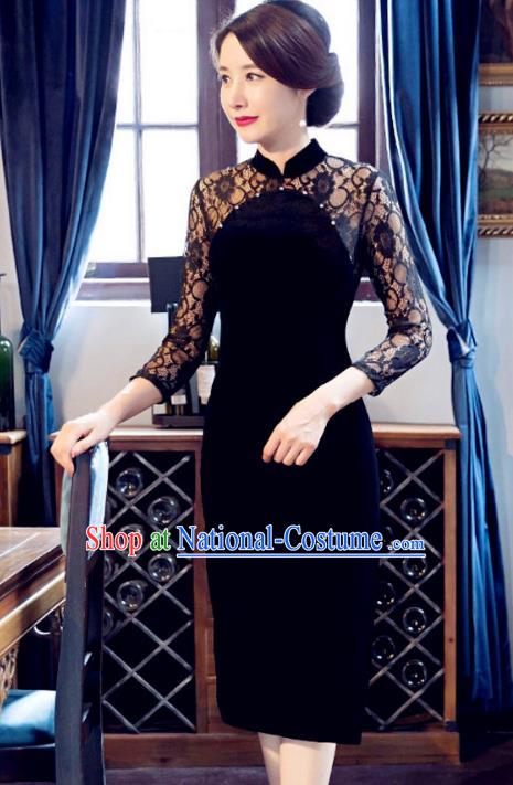 Traditional Chinese Elegant Velvet Cheongsam China Tang Suit Black Lace Qipao Dress for Women