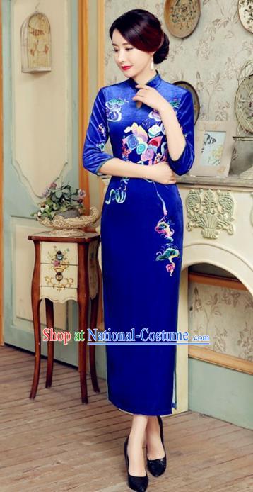 Traditional Chinese Elegant Cheongsam China Tang Suit Printing Blue Velvet Qipao Dress for Women