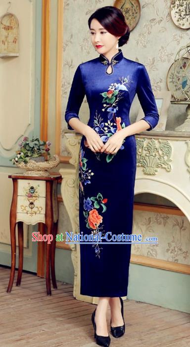 Traditional Chinese Elegant Cheongsam China Tang Suit Printing Peony Blue Velvet Qipao Dress for Women