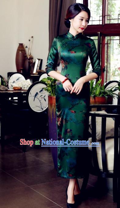 Traditional Chinese Elegant Printing Green Watered Gauze Cheongsam China Tang Suit Qipao Dress for Women