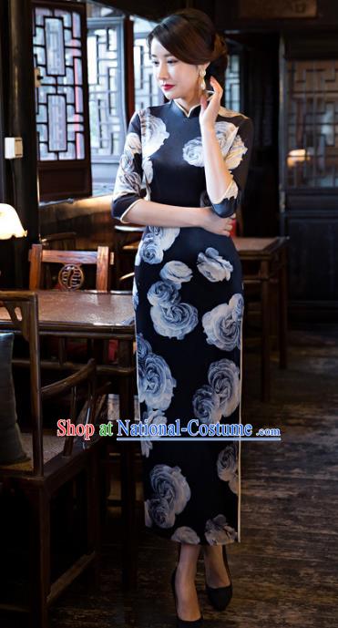 Traditional Chinese Elegant Printing Rose Navy Cheongsam China Tang Suit Qipao Dress for Women