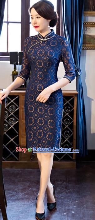 Traditional Chinese Elegant Cheongsam China Tang Suit Navy Lace Qipao Dress for Women