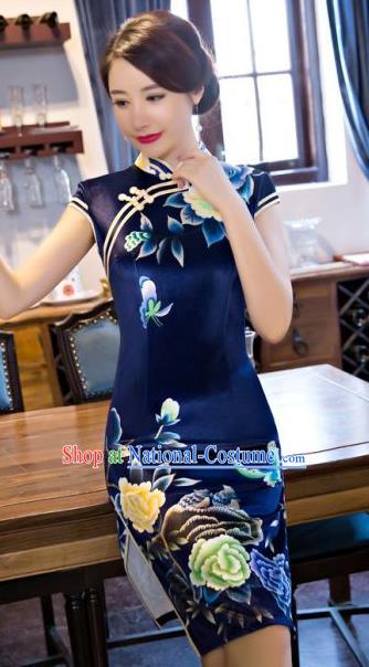 Chinese Traditional Costume Elegant Printing Peony Navy Silk Cheongsam China Tang Suit Qipao Dress for Women