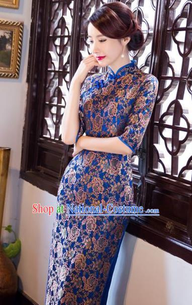 Chinese Traditional Costume Elegant Silk Cheongsam China Tang Suit Blue Qipao Dress for Women