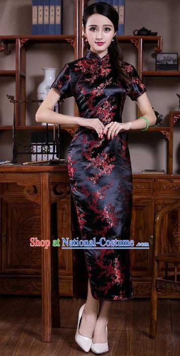 Chinese Traditional Costume Graceful Plum Blossom Cheongsam China Tang Suit Black Brocade Qipao Dress for Women