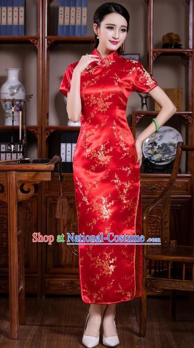 Chinese Traditional Costume Graceful Plum Blossom Cheongsam China Tang Suit Red Brocade Qipao Dress for Women