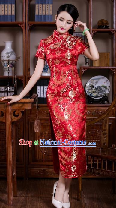 Chinese Traditional Costume Graceful Ombre Flowers Cheongsam China Tang Suit Red Brocade Qipao Dress for Women