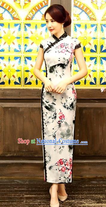 Chinese Traditional Costume Ink Painting Lotus Cheongsam China Tang Suit Silk Qipao Dress for Women