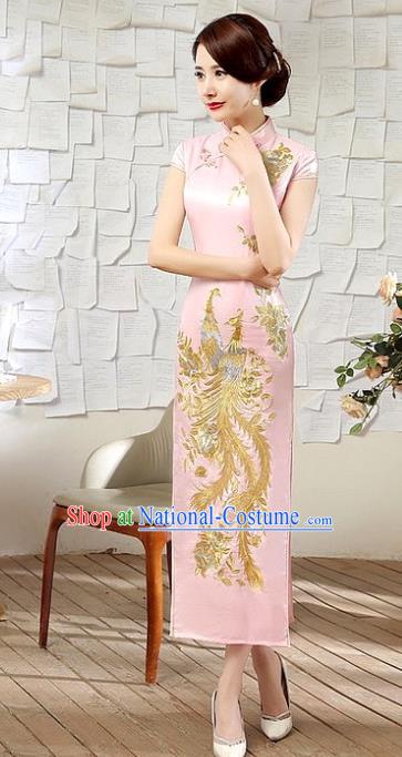 Chinese Traditional Costume Embroidered Phoenix Pink Cheongsam China Tang Suit Silk Qipao Dress for Women