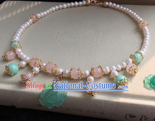 Traditional Handmade Chinese Ancient Classical Accessories Green Lotus Necklace Pearls Necklet for Women