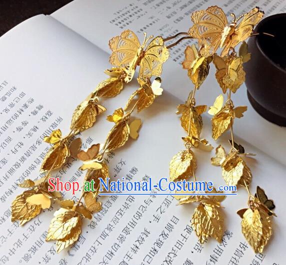 Traditional Handmade Chinese Ancient Classical Hair Accessories Golden Butterfly Tassel Hairpins for Women