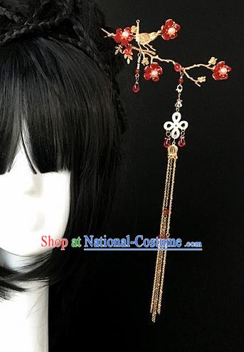 Traditional Handmade Chinese Ancient Classical Hair Accessories Hairpins Red Flowers Tassel Hair Clips for Women