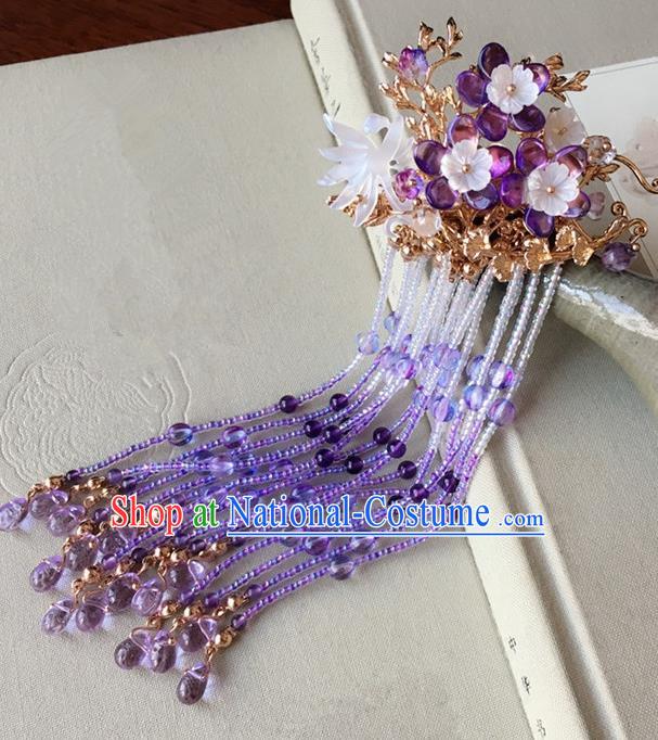 Traditional Handmade Chinese Ancient Classical Hair Accessories Purple Beads Tassel Hair Stick Hairpins for Women