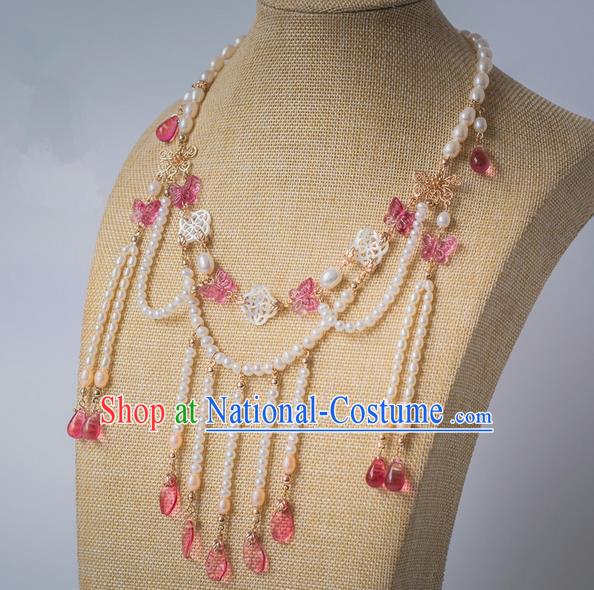 Traditional Handmade Chinese Ancient Classical Accessories Hanfu Pink Butterfly Tassel Necklace for Women