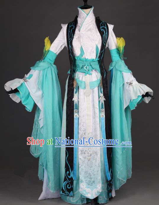 Chinese Ancient Swordswoman Costume Cosplay Female Knight-errant Green Dress Hanfu Clothing for Women