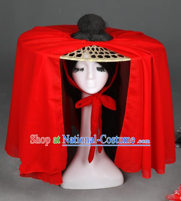 Traditional Handmade Chinese Ancient Swordswoman Hats Red Veil Bamboo Hat for Women