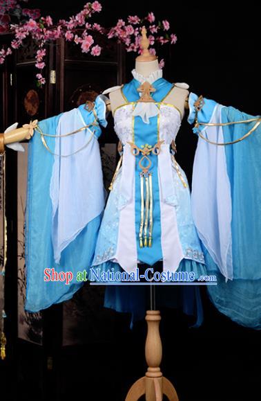 Chinese Ancient Princess Young Lady Costume Cosplay Swordswoman Blue Dress Hanfu Clothing for Women