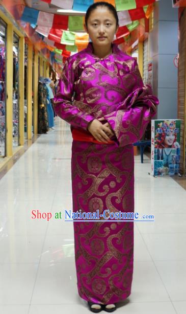 Chinese Traditional Zang Nationality Brocade Tibetan Robe, China Tibetan Ethnic Heishui Dance Costume for Women