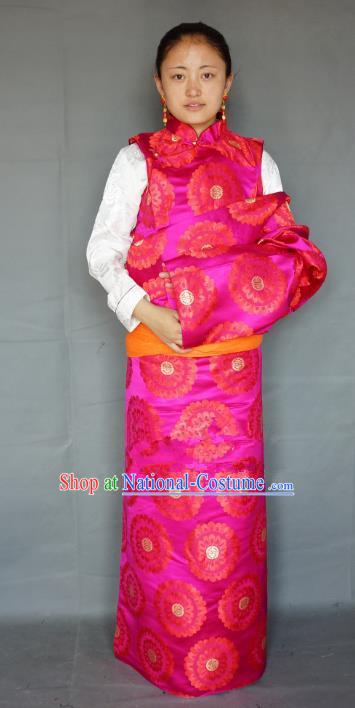 Chinese Traditional Zang Nationality Rosy Brocade Tibetan Robe, China Tibetan Ethnic Heishui Dance Costume for Women