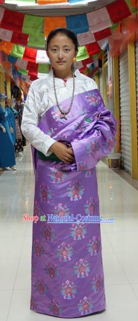 Chinese Traditional Zang Nationality Purple Brocade Tibetan Robe, China Tibetan Ethnic Heishui Dance Costume for Women