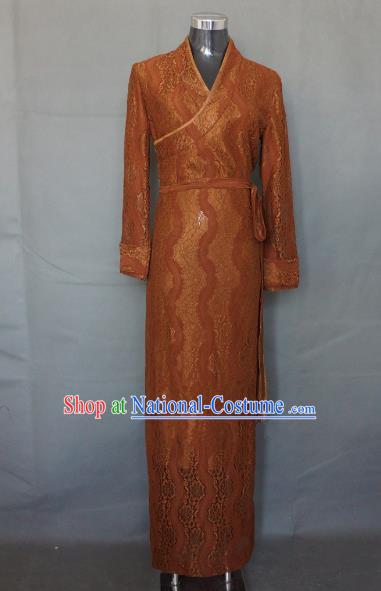 Chinese Traditional Zang Nationality Brown Lace Dress, China Tibetan Ethnic Heishui Dance Costume for Women