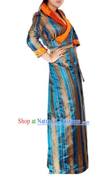 Chinese Traditional Zang Nationality Blue Dress, China Tibetan Ethnic Heishui Dance Costume for Women