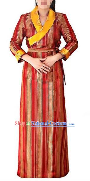 Chinese Traditional Zang Nationality Red Dress, China Tibetan Ethnic Heishui Dance Costume for Women