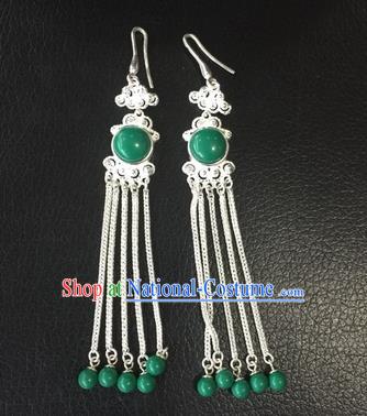 Chinese Traditional Zang Nationality Green Earrings Accessories, China Tibetan Ethnic Silver Eardrop for Women