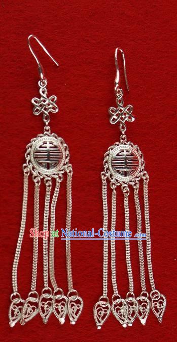 Chinese Traditional Zang Nationality Silver Tassel Earrings Accessories, China Tibetan Ethnic Eardrop for Women