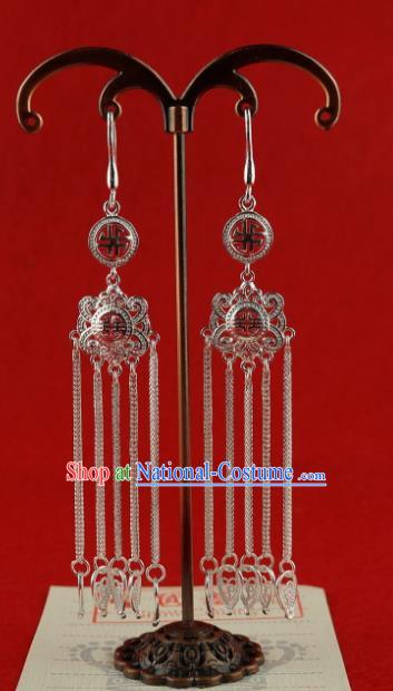 Chinese Traditional Zang Nationality Silver Long Tassel Earrings Accessories, China Tibetan Ethnic Eardrop for Women