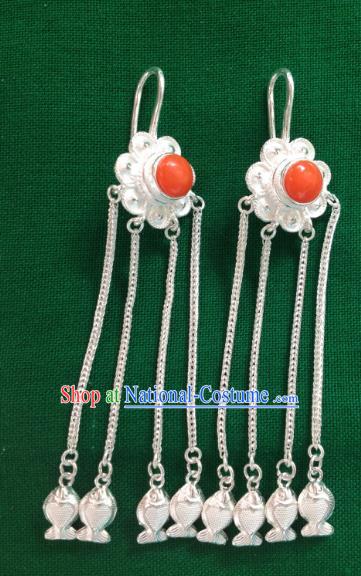 Chinese Traditional Zang Nationality Red Earrings Accessories, China Tibetan Ethnic Silver Tassel Eardrop for Women