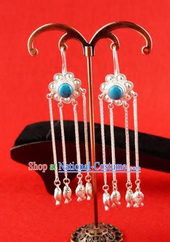 Chinese Traditional Zang Nationality Blue Earrings Accessories, China Tibetan Ethnic Silver Tassel Eardrop for Women