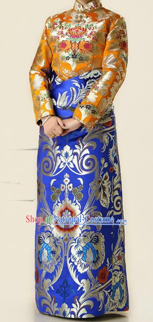 Chinese Traditional Zang Nationality Blue Brocade Robe, China Tibetan Ethnic Heishui Dance Costume for Women