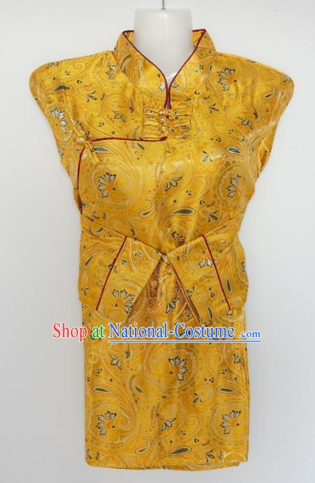 Chinese Traditional Zang Nationality Yellow Brocade Blouse, China Tibetan Ethnic Heishui Dance Costume for Women