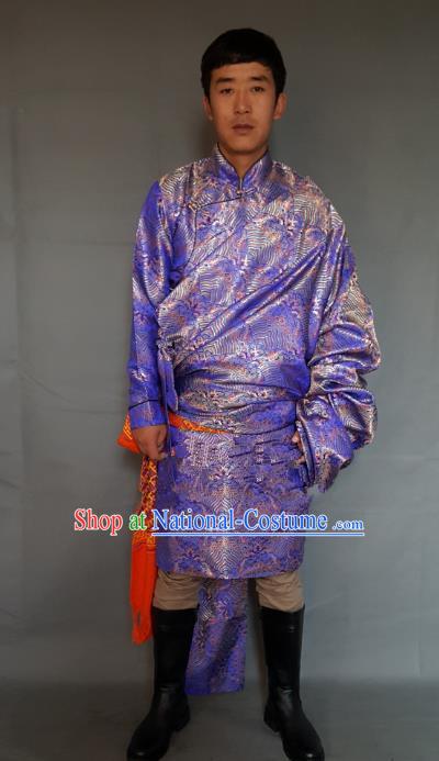 Chinese Traditional Zang Nationality Purple Tibetan Robe, China Tibetan Ethnic Heishui Dance Costume for Men