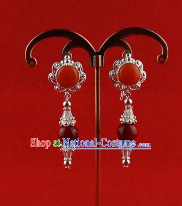 Chinese Traditional Zang Nationality Jewelry Accessories Earrings, China Tibetan Ethnic Red Eardrop for Women