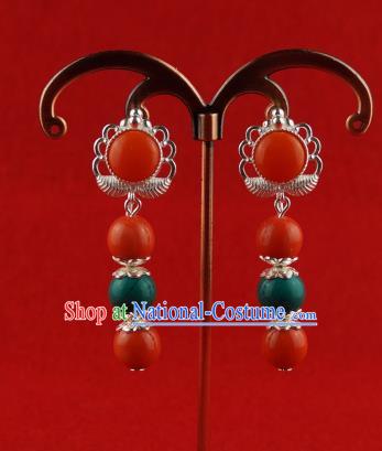 Chinese Traditional Zang Nationality Jewelry Accessories Sliver Earrings, China Tibetan Ethnic Red Beads Eardrop for Women