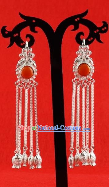 Chinese Traditional Zang Nationality Handmade Sliver Tassel Earrings, China Tibetan Ethnic Eardrop for Women