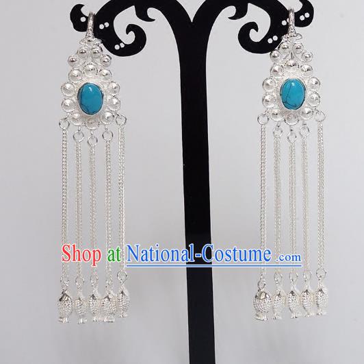 Chinese Traditional Zang Nationality Handmade Sliver Tassel Blue Earrings, China Tibetan Ethnic Eardrop for Women