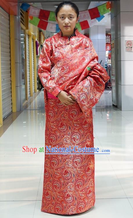 Chinese Zang Nationality Red Tibetan Robe, China Traditional Tibetan Ethnic Heishui Dance Costume for Women