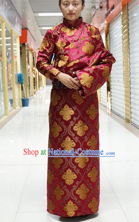 Chinese Zang Nationality Wine Red Satin Tibetan Robe, China Traditional Tibetan Ethnic Heishui Dance Costume for Women