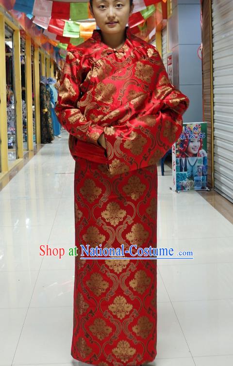 Chinese Zang Nationality Red Satin Tibetan Robe, China Traditional Tibetan Ethnic Heishui Dance Costume for Women